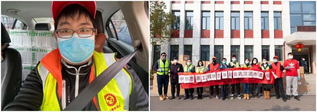 左圖：10輛轎車后座和后備箱堆滿了菜，出發送給社區；右圖：各位志愿者協助接收消毒防護物資